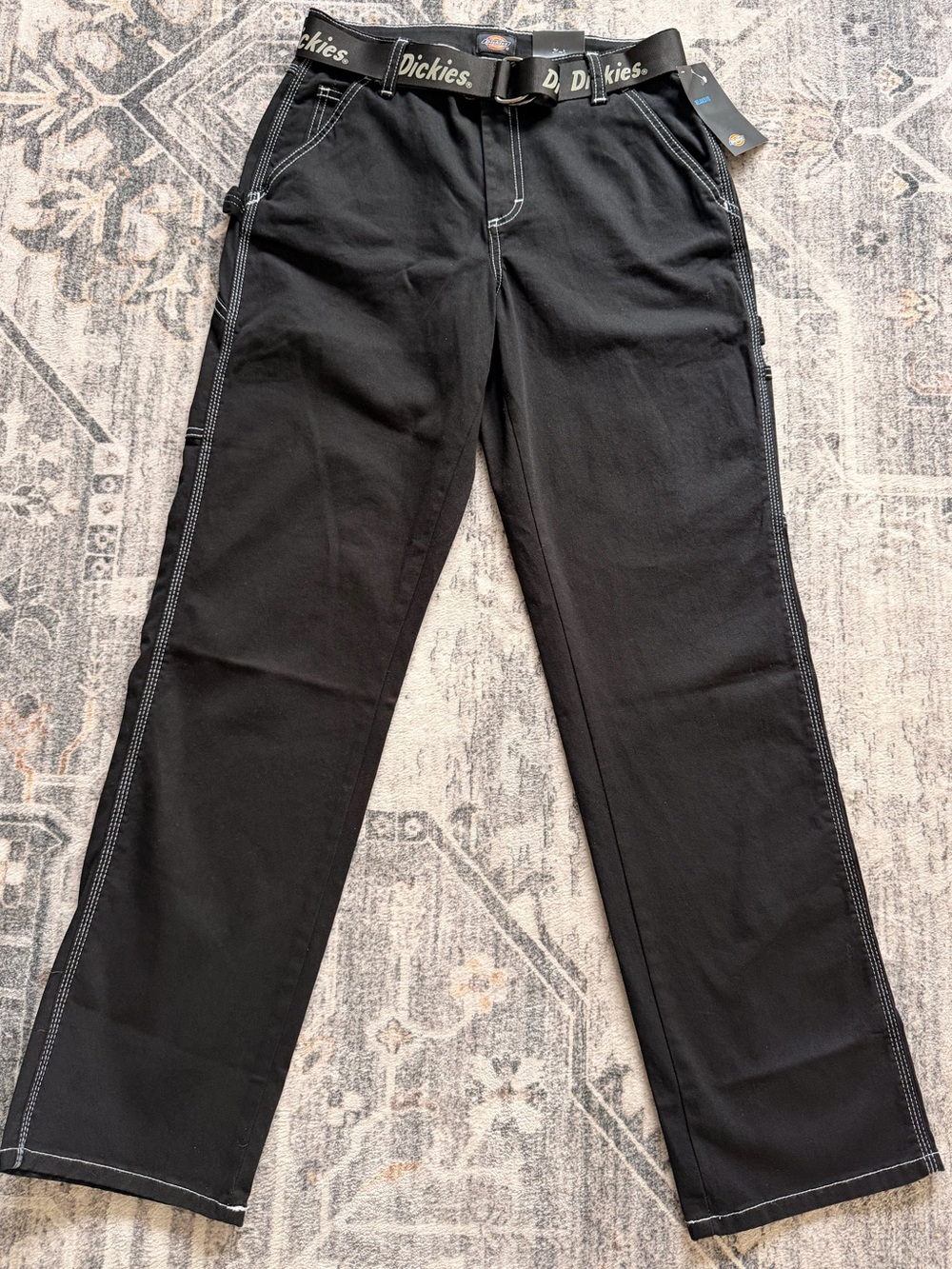 Dickies Women’s Regular Relaxed Fit Black Carpenter Pant w/ White Stitch & Belt
